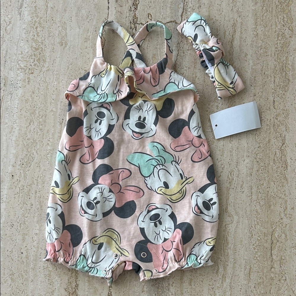 NEW 🆕 Disney Minnie Daisy Print Romper with Headband 3-6 months NWT